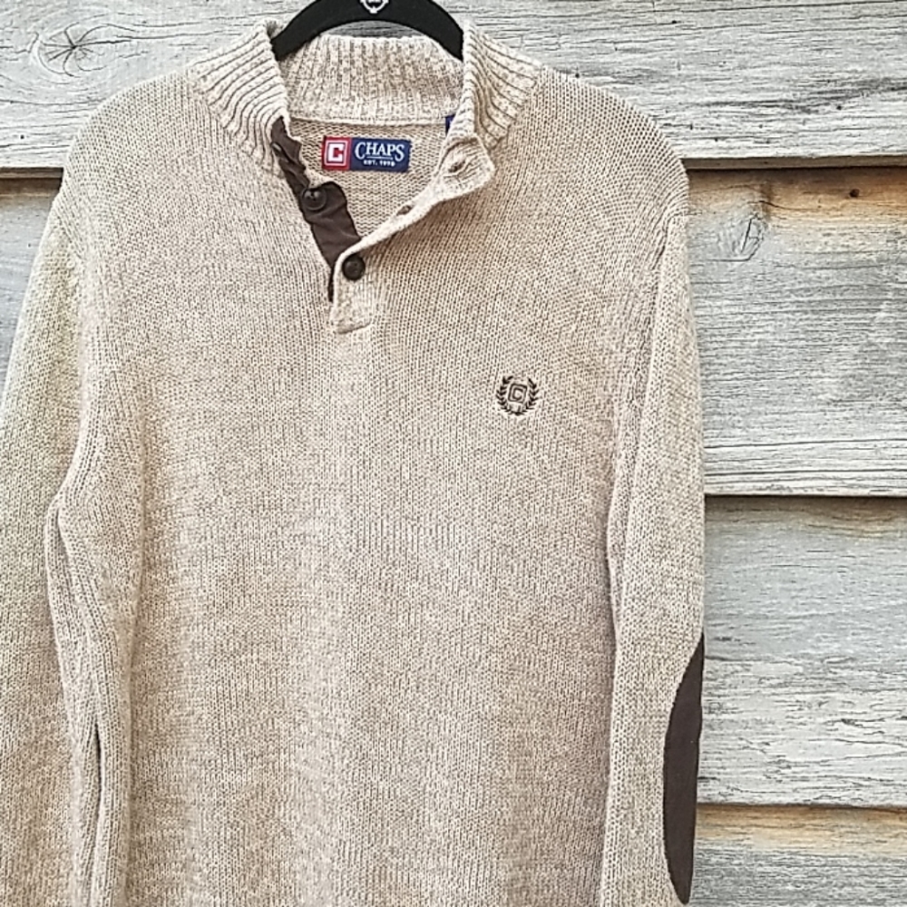 SOLD EBAYChaps Sweater Tan Men Small Elbow Patches - Picture 1 of 7